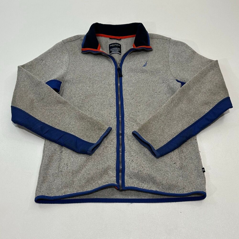 Nautica Boy's Full-Zip Fleece Jacket Heather Gray Navy Trim Red Accent, Size XL